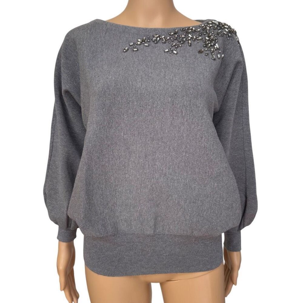 Chico’s Gray Knit Sweater Dolman Sleeve Rhinestone embellished Trim Size 0 or S